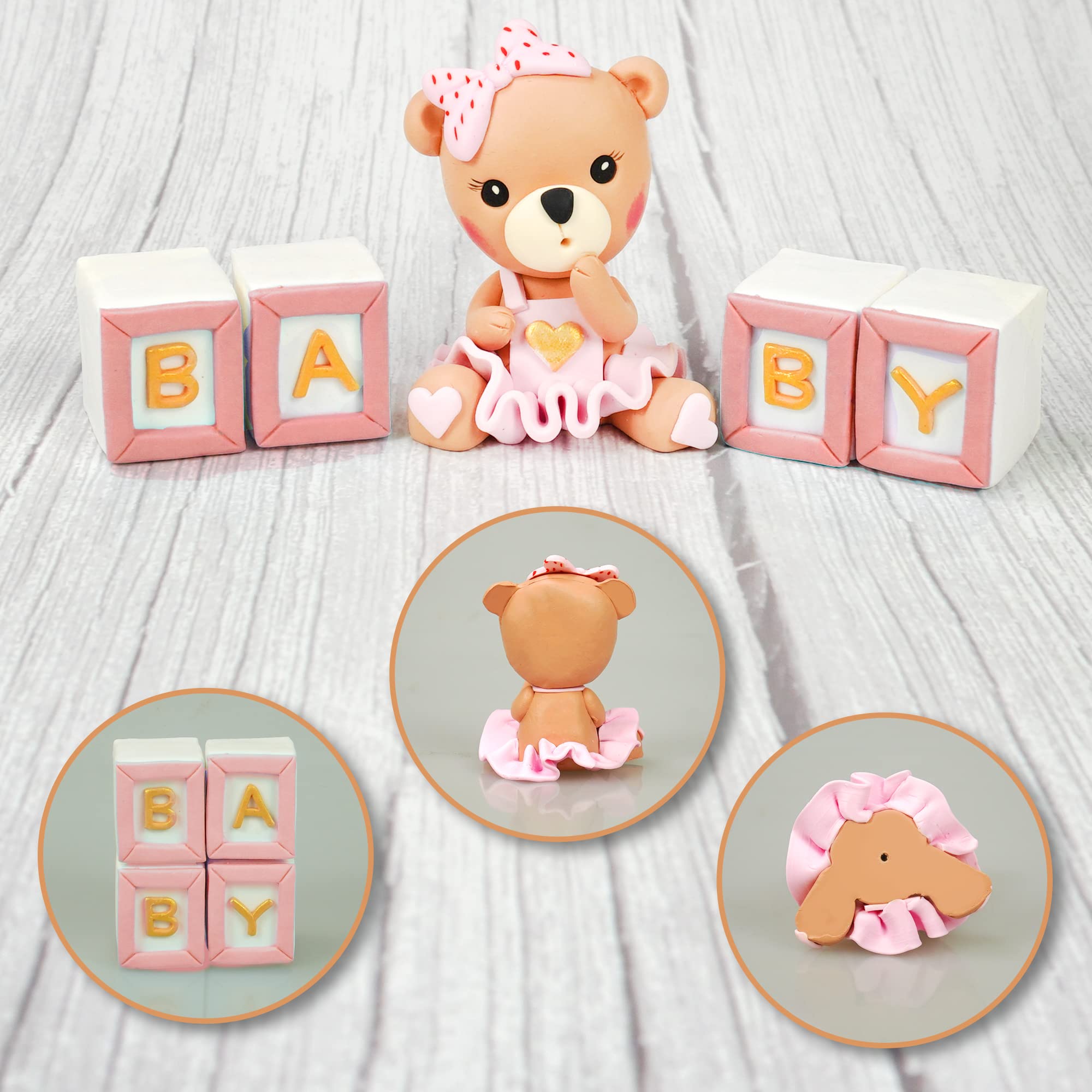 Bear Cake Toppers Mini Bear Cake Decorations Pink BABY Letter Cake Toppers Gold Pink White Pearl Ball For Baby Shower Girl Birthday Party Teddy Bear Theme Party Supplies (Pink Baby)