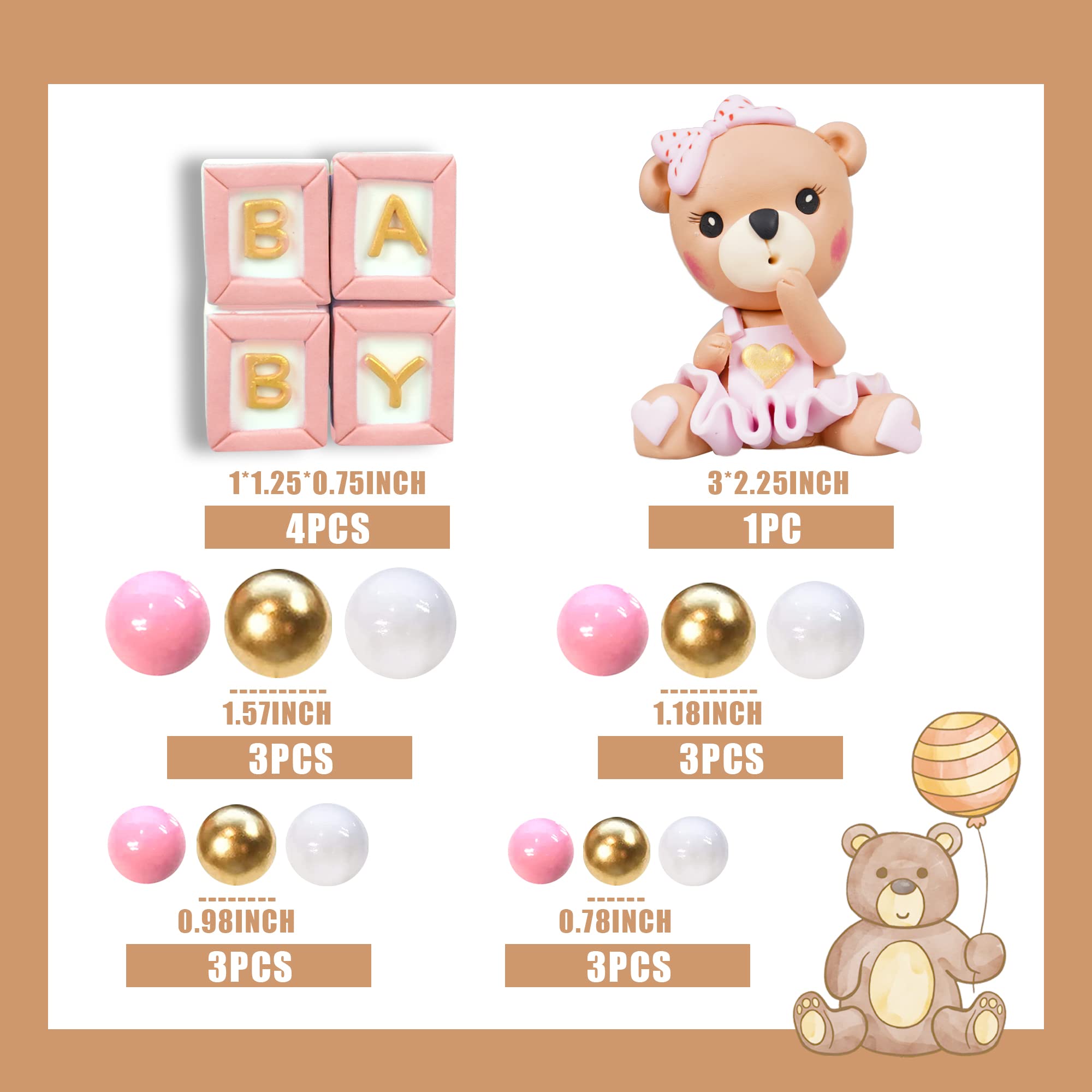 Bear Cake Toppers Mini Bear Cake Decorations Pink BABY Letter Cake Toppers Gold Pink White Pearl Ball For Baby Shower Girl Birthday Party Teddy Bear Theme Party Supplies (Pink Baby)