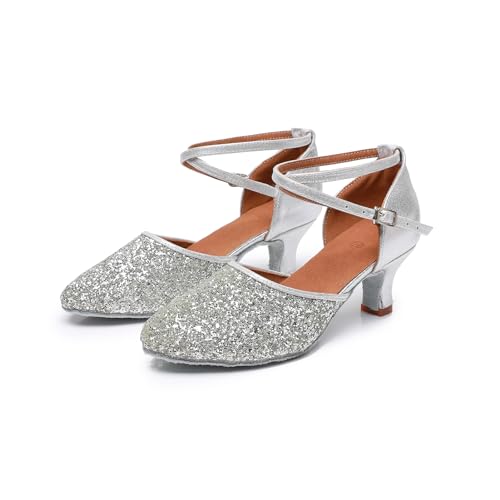 Rosefinch Women's Professional Latin Dance Shoes Satin Salsa Ballroom Wedding Dancing Shoes Silver 2 Inch