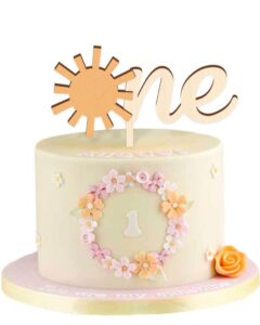 sun one cake topper 1st birthday cake decoration, 6.4'' x 7'' one year old wooden sun cake topper first trip around the sun you are my sunshine cake smash photo booth props b-day bar party supplies