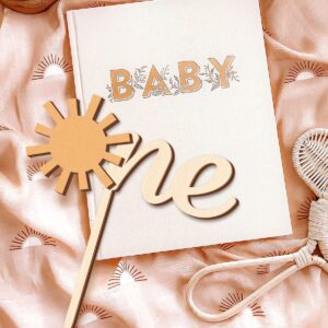 Sun One Cake Topper 1st Birthday Cake Decoration, 6.4'' x 7'' One Year Old Wooden Sun Cake Topper First Trip Around the Sun You Are My Sunshine Cake Smash Photo Booth Props B-day Bar Party Supplies