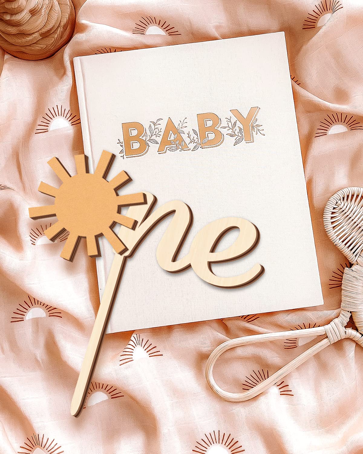 Sun One Cake Topper 1st Birthday Cake Decoration, 6.4'' x 7'' One Year Old Wooden Sun Cake Topper First Trip Around the Sun You Are My Sunshine Cake Smash Photo Booth Props B-day Bar Party Supplies