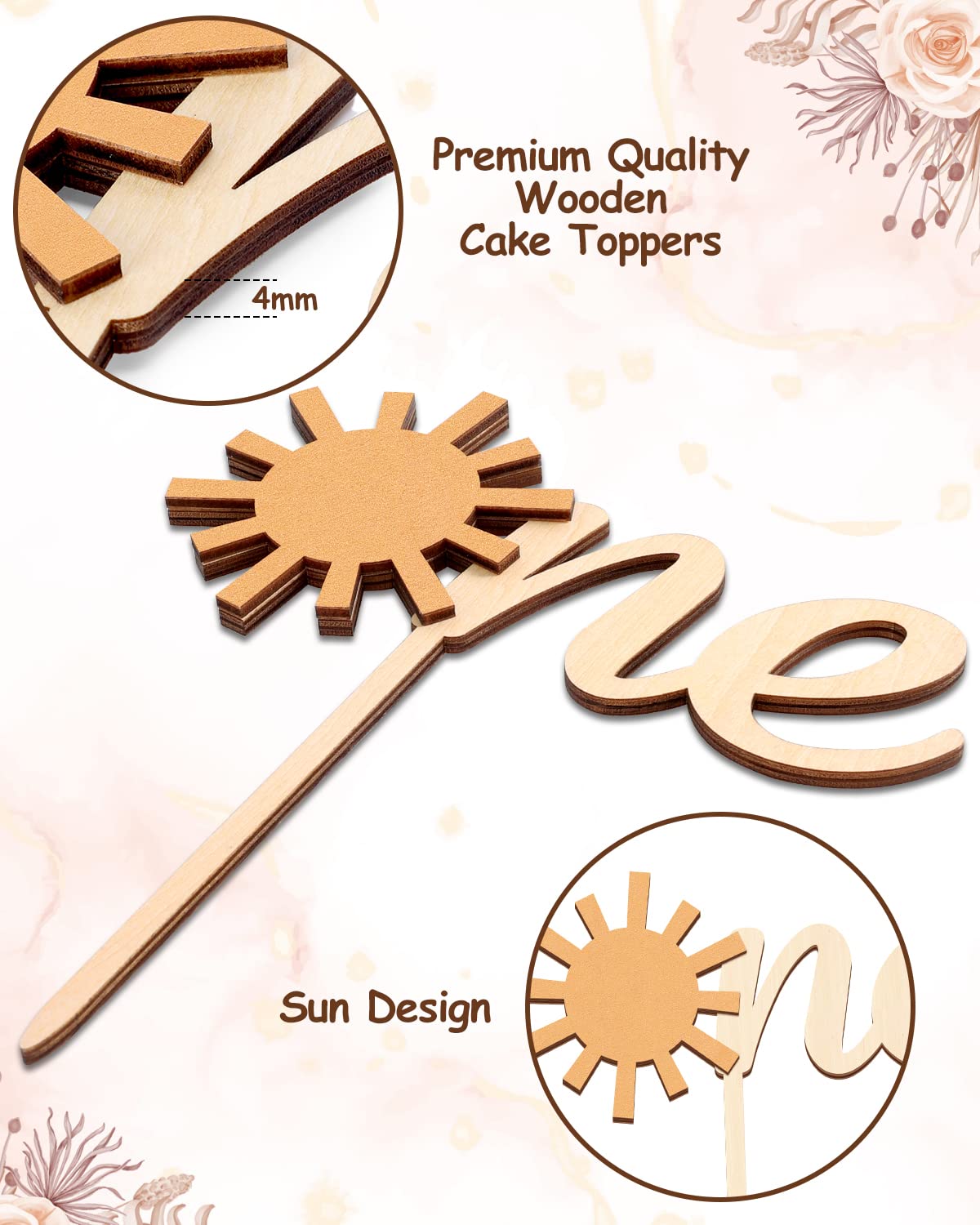 Sun One Cake Topper 1st Birthday Cake Decoration, 6.4'' x 7'' One Year Old Wooden Sun Cake Topper First Trip Around the Sun You Are My Sunshine Cake Smash Photo Booth Props B-day Bar Party Supplies