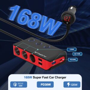 Car Cigarette Lighter Adapter, USB C Charger 30W and Quick Charge 3.0 Car Cigarette Lighter Splitter, 12V/24V Independent Switches, Fast Car USB Charger for All Car Devices, iPhone 14/13/12 pro