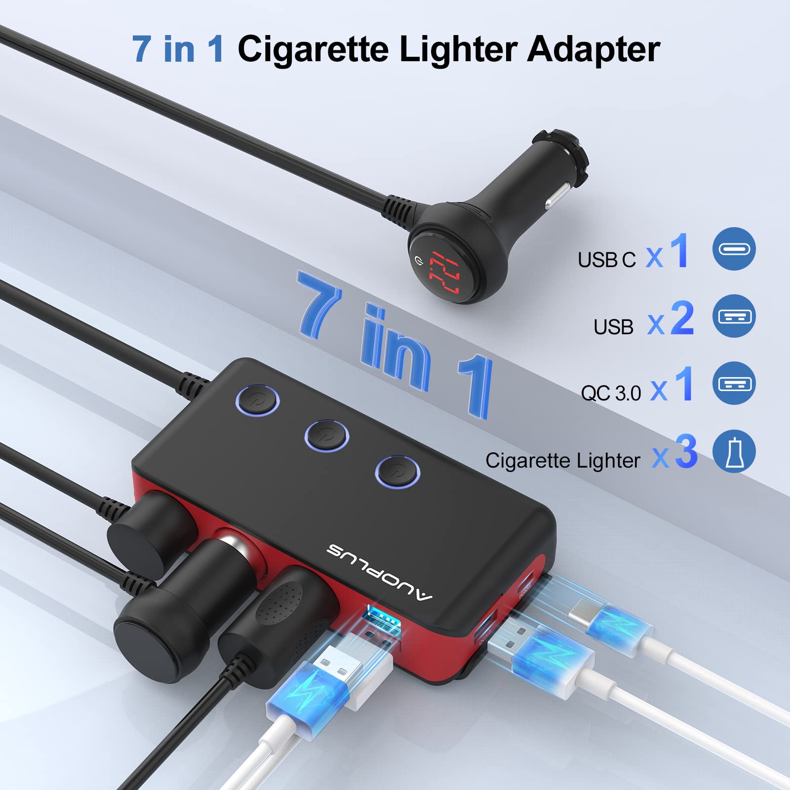 Car Cigarette Lighter Adapter, USB C Charger 30W and Quick Charge 3.0 Car Cigarette Lighter Splitter, 12V/24V Independent Switches, Fast Car USB Charger for All Car Devices, iPhone 14/13/12 pro