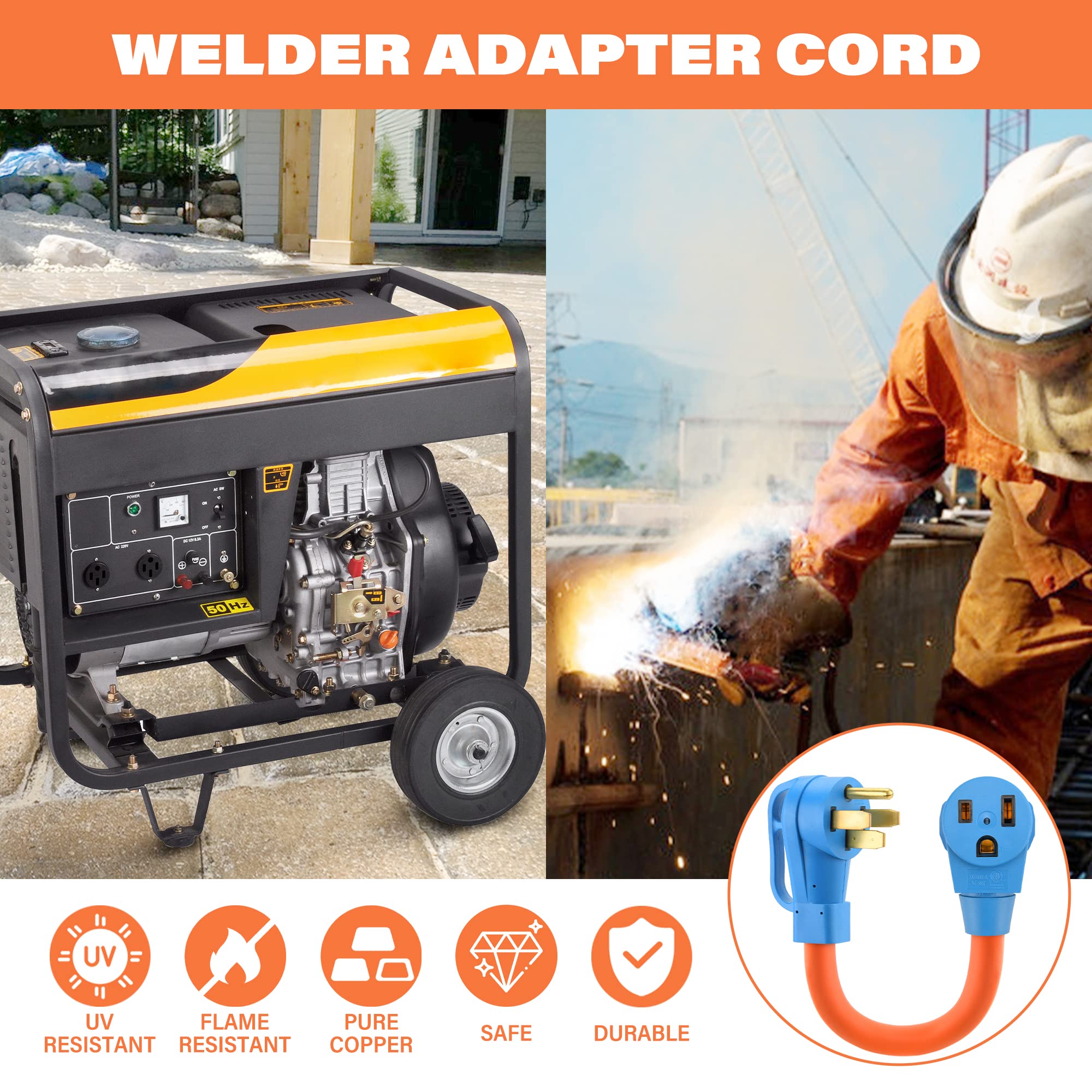 Flameweld Welder Adapter Cord - NEMA L14-30P Twist Locking to 6-50R, 4 Prong Generator to 3 Prong Welder Power Adapter Cord, 125/250V STW 10AWG Generator Cord, ETL (Blue)