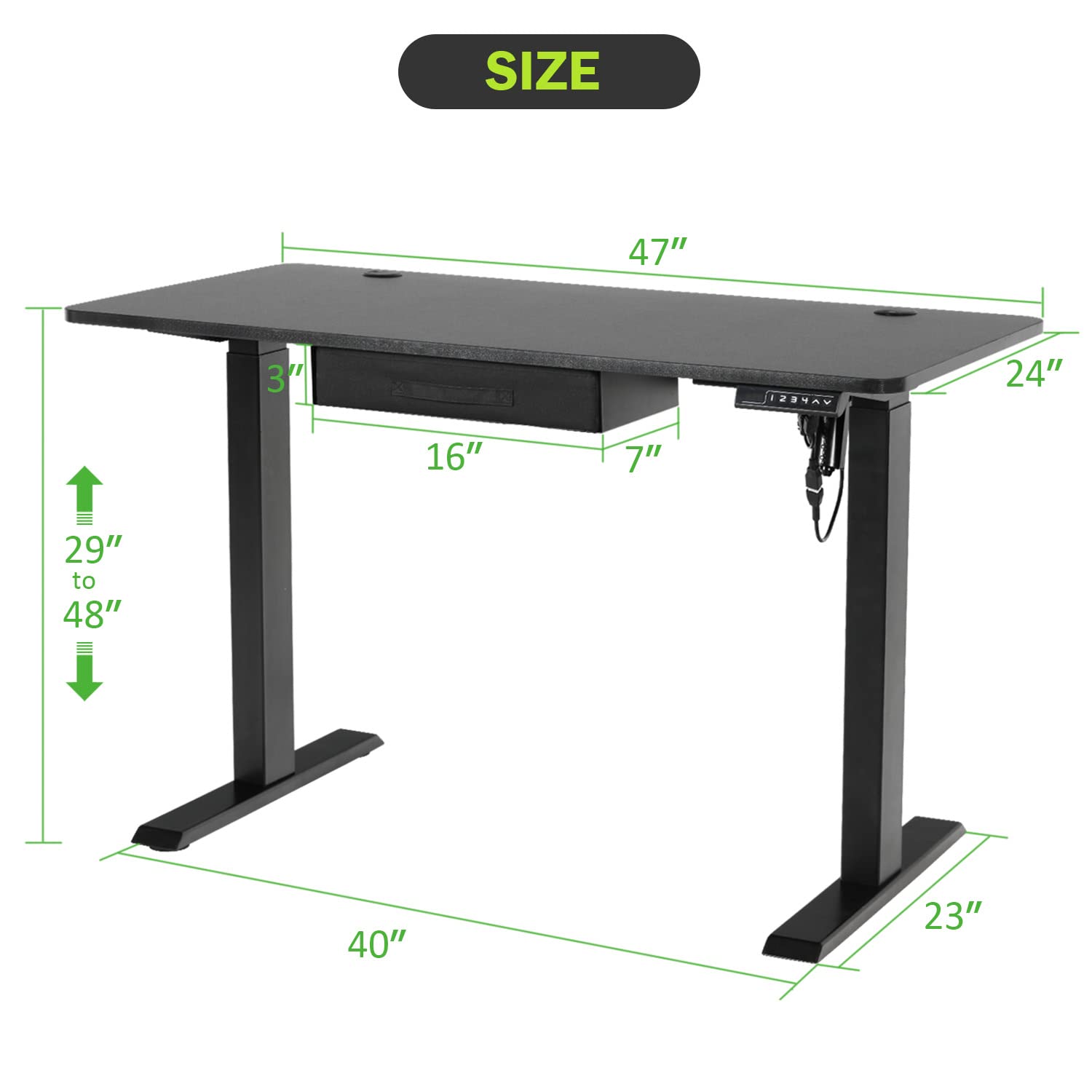 ENSTVER Electric Height Adjustable Standing Desk, 47 x 24 Inch Sit Stand Home Office Desk, Lift Workstation with Drawer, Stand up Table(Black Steel Frame/Black Top)