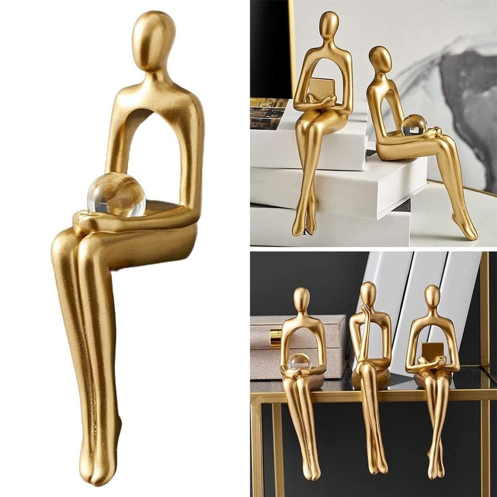 Golden Abstract Bookshelf Figures, Gold Thinker Statue Decor, Resin Sitting Sculpture, Modern Thinker Art for Bookshelf Table Shelf Desktop Table Office Home Decoration-Hold The Ball