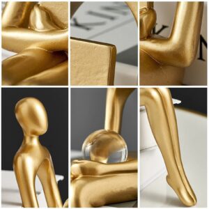 Golden Abstract Bookshelf Figures, Gold Thinker Statue Decor, Resin Sitting Sculpture, Modern Thinker Art for Bookshelf Table Shelf Desktop Table Office Home Decoration-Hold The Ball