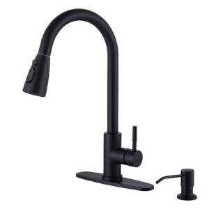 wowow black kitchen faucet with soap dispenser, stainless steel kitchen sink faucet, matte black kitchen faucet single handle high arc utility sink faucet for sink, rv, laundry, bar