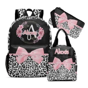 anneunique customized leopard print pink black bow backpacks set with name multifunctional series pack 1casual pack +1lunch handbag +1pencil case
