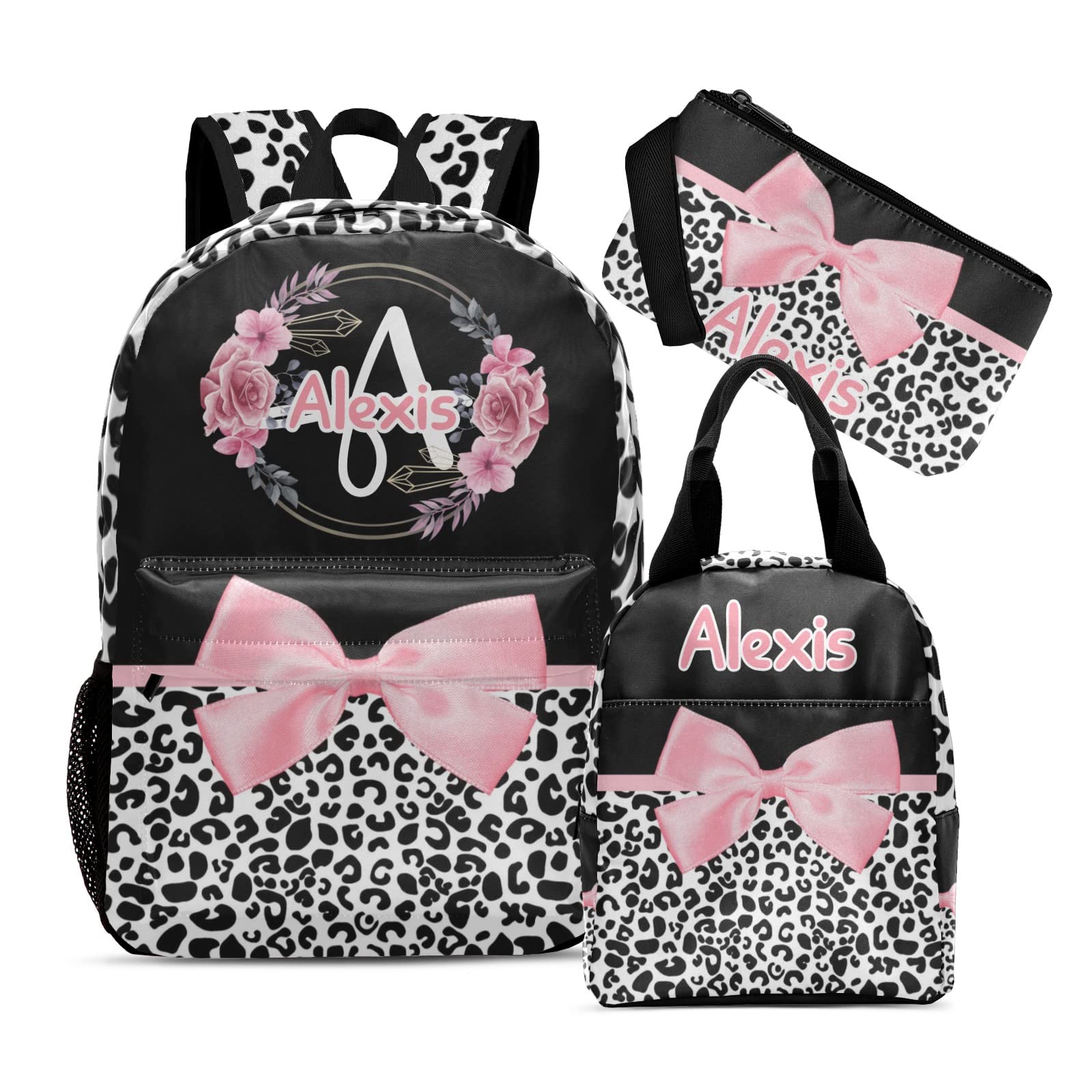 Anneunique Customized Leopard Print Pink Black Bow Backpacks Set with Name Multifunctional Series Pack 1Casual Pack +1Lunch Handbag +1Pencil Case