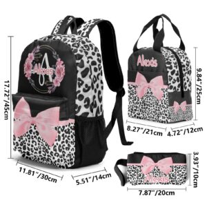 Anneunique Customized Leopard Print Pink Black Bow Backpacks Set with Name Multifunctional Series Pack 1Casual Pack +1Lunch Handbag +1Pencil Case