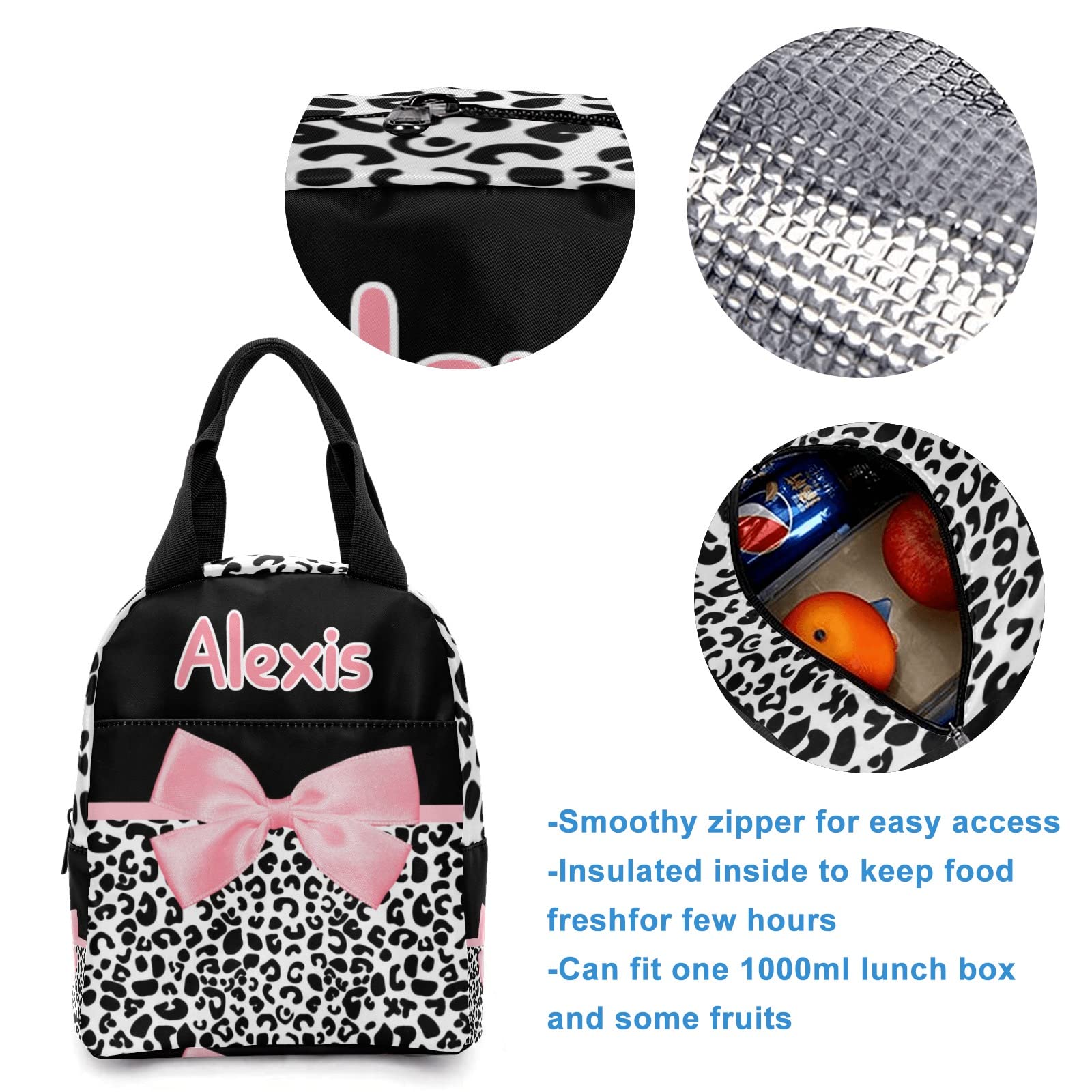 Anneunique Customized Leopard Print Pink Black Bow Backpacks Set with Name Multifunctional Series Pack 1Casual Pack +1Lunch Handbag +1Pencil Case