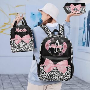 Anneunique Customized Leopard Print Pink Black Bow Backpacks Set with Name Multifunctional Series Pack 1Casual Pack +1Lunch Handbag +1Pencil Case