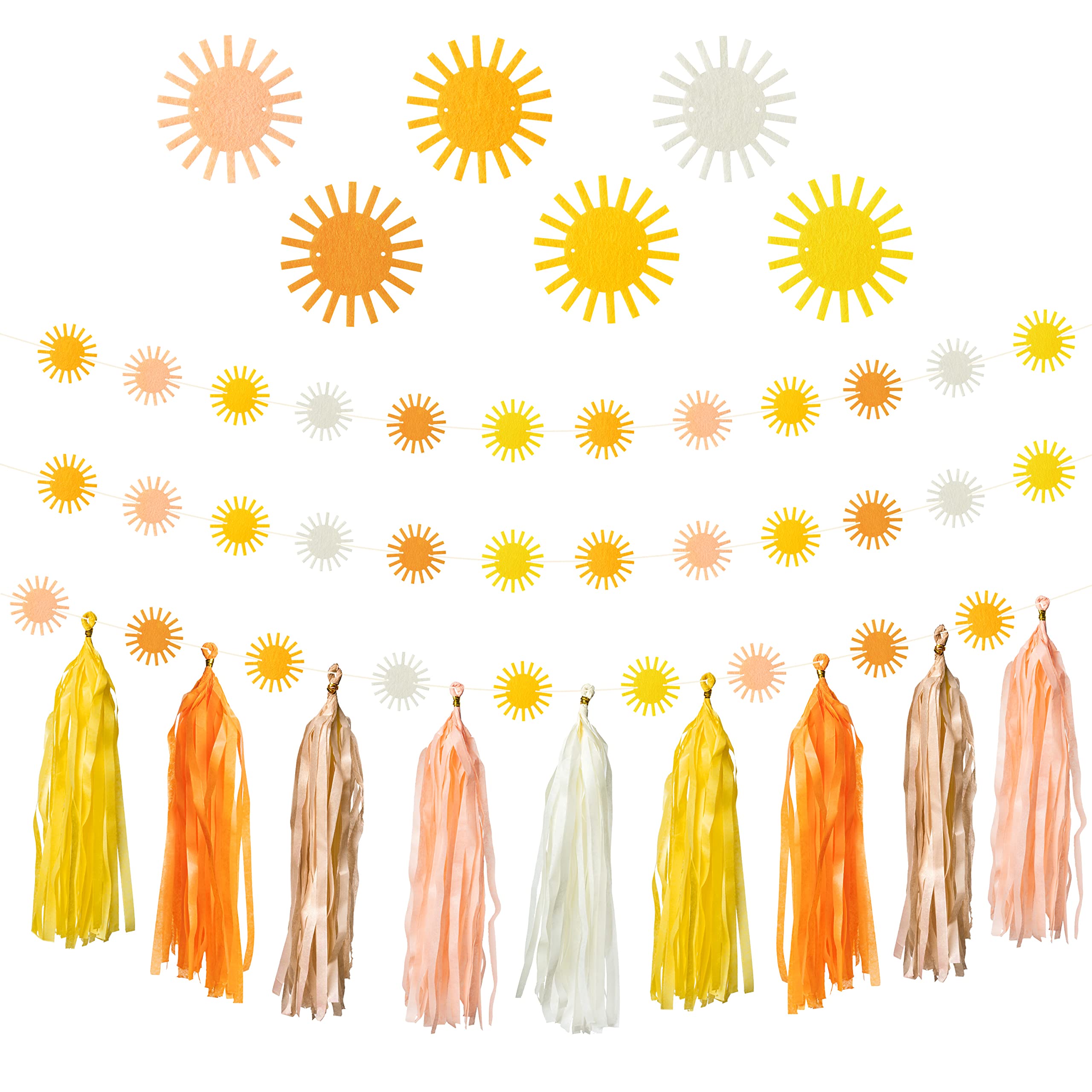 G1ngtar 53 Pcs Boho Sun Garland Tassel Banner Hippie Muted Sun First Trip Around The Sun Party Decoration Supplies Aesthetic Indoor Outdoor Artificial Felt Wall Decor for Birthday Baby Shower Wedding