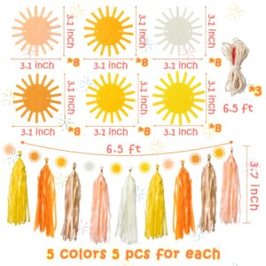 G1ngtar 53 Pcs Boho Sun Garland Tassel Banner Hippie Muted Sun First Trip Around The Sun Party Decoration Supplies Aesthetic Indoor Outdoor Artificial Felt Wall Decor for Birthday Baby Shower Wedding