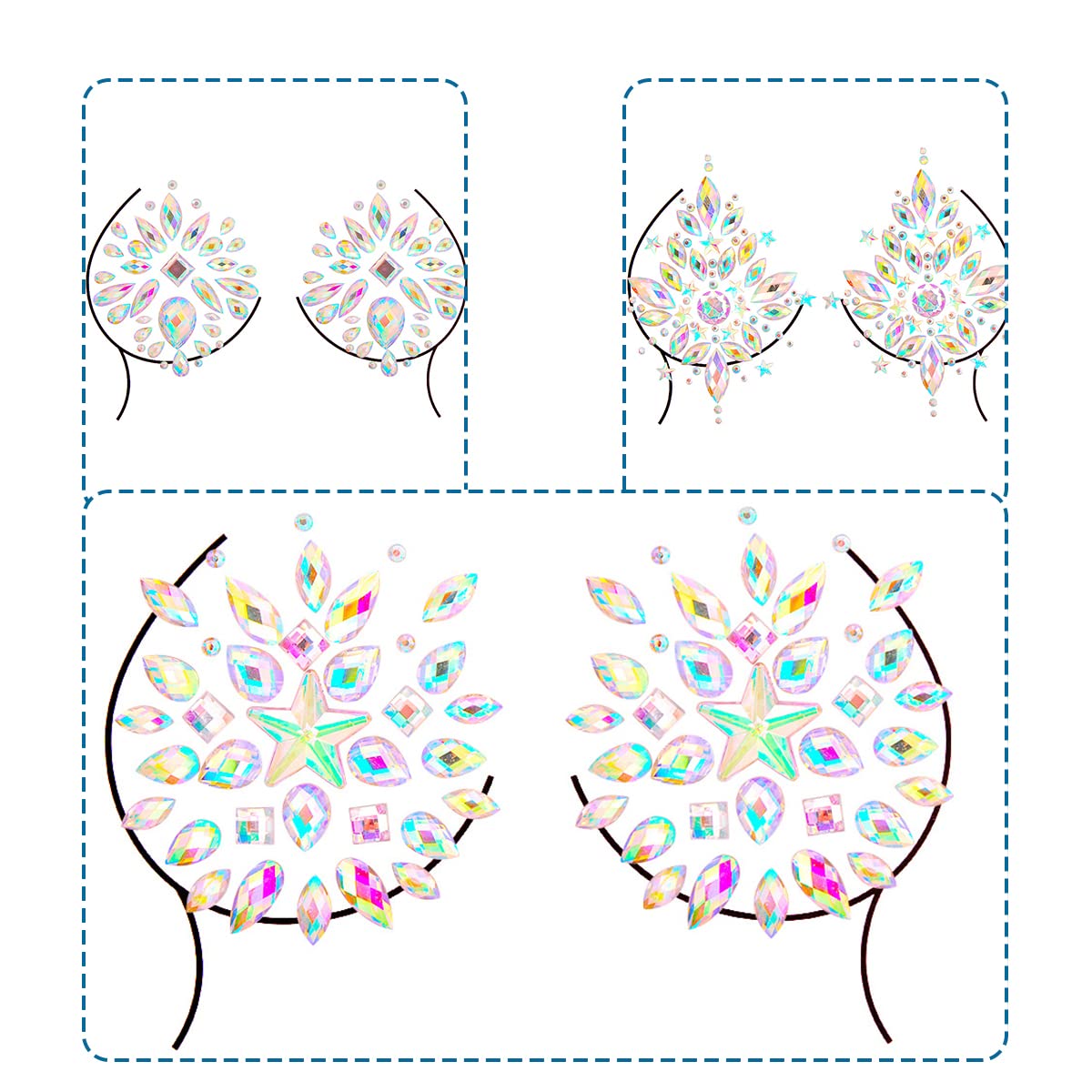 Temporary Tattoo Stickers Jewels Rhinestone Festival Accessories DIY Self Adhesive Crystal Body Jewelry Stickers Makeup Stick Gems Glitter Flower Chest Stickers For Women and Girls 3Pcs