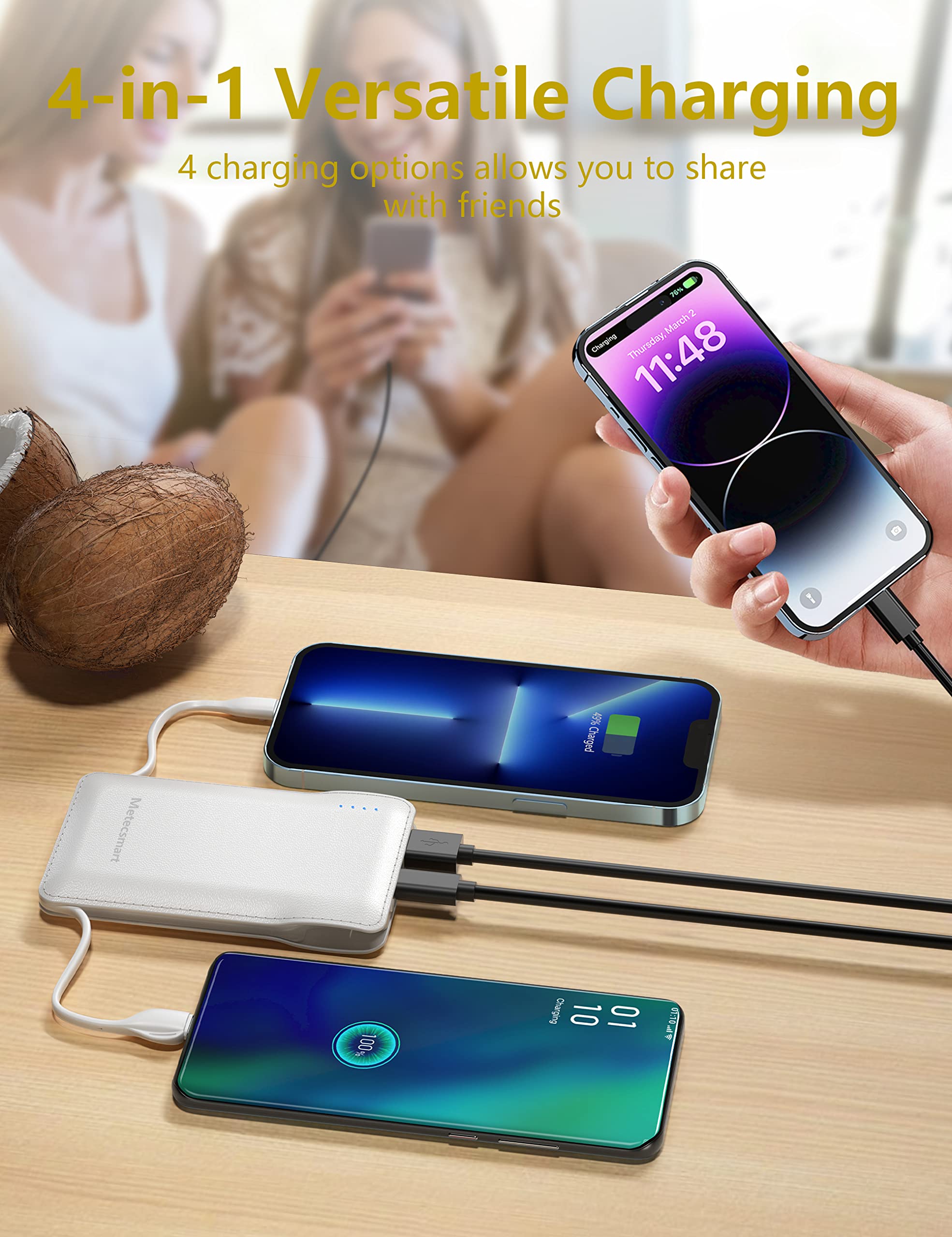 Metecsmart 10000mAh Portable Phone Charger with Built-in 2 Cables, Small Slim Mini Power Bank Fast Charging, USB-C In/Output External Battery Pack, Travel Essentials Compatible with Android/IOS Phones