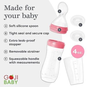 Goji Baby - 4 oz Silicone Baby Food Dispensing Spoon - 2 Pack - Great for 4+ Month Infants - Includes Stopper - Easy to Use and Mess-Free - Precise Food-Release Feeder - Great for Travel (Pink)