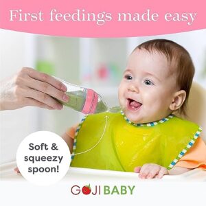 Goji Baby - 4 oz Silicone Baby Food Dispensing Spoon - 2 Pack - Great for 4+ Month Infants - Includes Stopper - Easy to Use and Mess-Free - Precise Food-Release Feeder - Great for Travel (Pink)