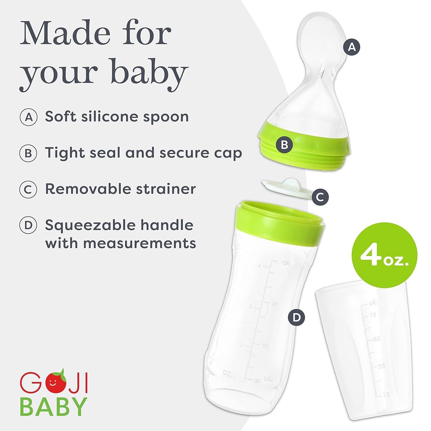 Goji Baby – Baby Food Dispensing Spoon – Mess-Free Feeding – Silicone Baby Food Dispenser for 4+ Months – Precise Food-Release Bottle Spoon Feeder – Straining Baby Squeeze Spoon (Green, 4 Pack)