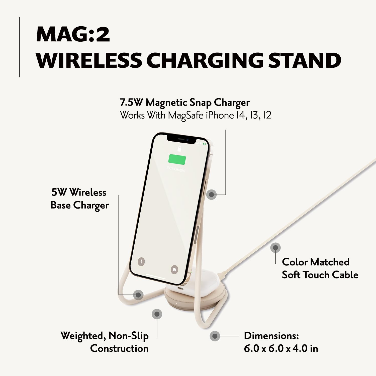 Courant MAG:2 Wireless Charging Stand - Belgian Linen, 2 in 1 Multi-Device Charger - Magnetic Stand for MagSafe iPhones with Charging Base for AirPod Cases, (Natural)