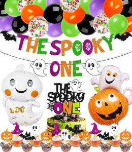58 pcs halloween 1st birthday decorations the spooky one party decorations happy bday banner cake topper ghost spider web haunted house themed for kids boy girl one year old first bday party supplies