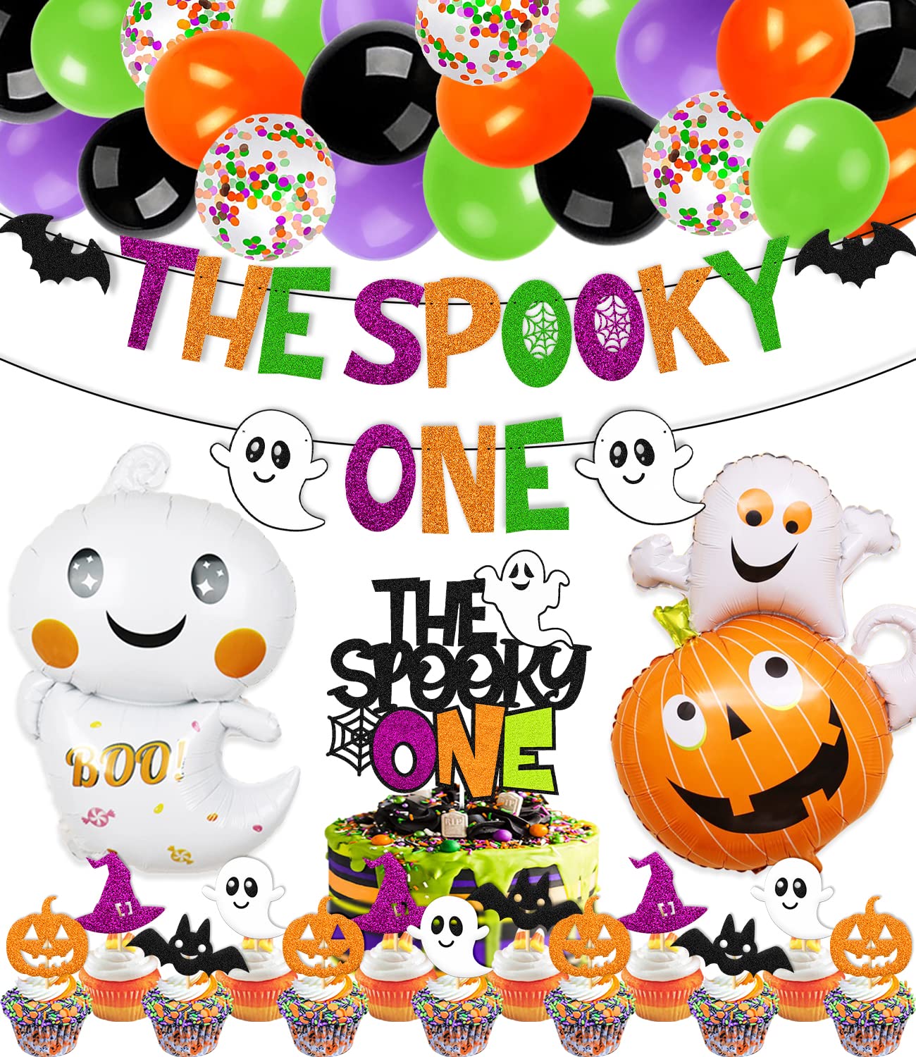 58 PCS Halloween 1st Birthday Decorations The Spooky One Party Decorations Happy Bday Banner Cake Topper Ghost Spider Web Haunted House Themed for Kids Boy Girl One Year Old First Bday Party Supplies