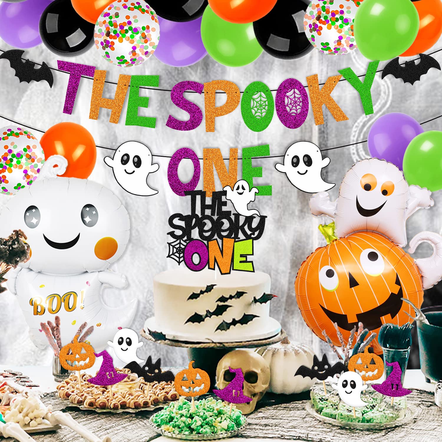 58 PCS Halloween 1st Birthday Decorations The Spooky One Party Decorations Happy Bday Banner Cake Topper Ghost Spider Web Haunted House Themed for Kids Boy Girl One Year Old First Bday Party Supplies