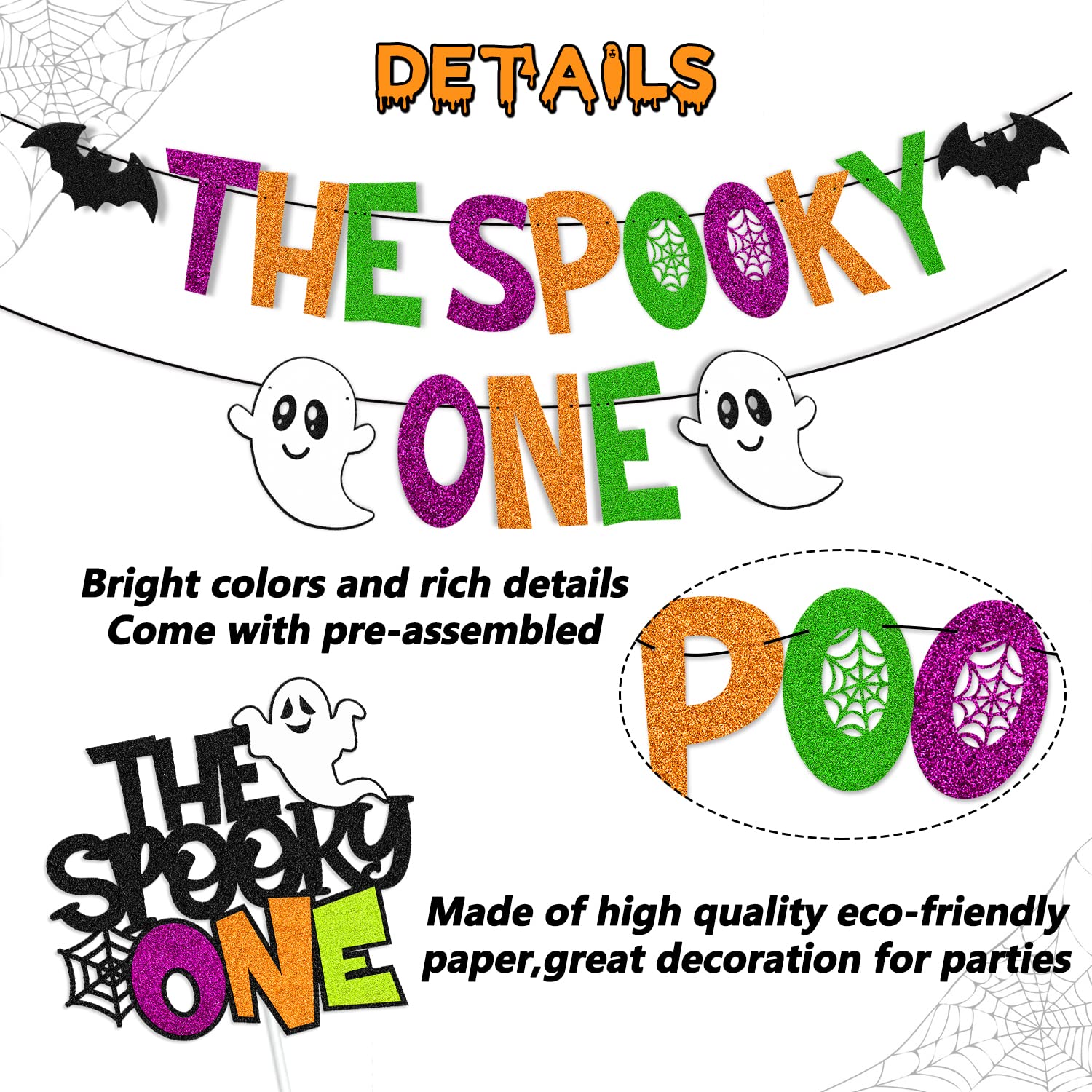 58 PCS Halloween 1st Birthday Decorations The Spooky One Party Decorations Happy Bday Banner Cake Topper Ghost Spider Web Haunted House Themed for Kids Boy Girl One Year Old First Bday Party Supplies