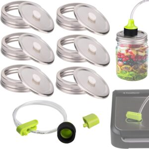 food saver lids for mason jars, vacuum seal cap compatible with foodsaver vacuum sealer, food storage/fermentation lids,6-pack regular mouth mason jar lids + accessory hose
