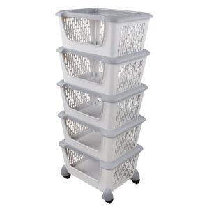 tstorage 5-tier stacking storage basket tower with wheels, plastic open stacking basket, grey