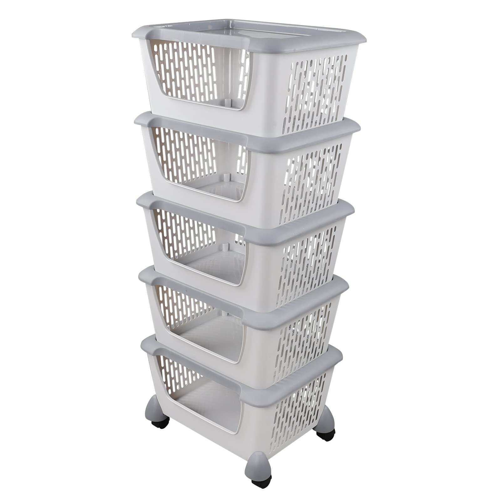 Tstorage 5-tier Stacking Storage Basket Tower with Wheels, Plastic Open Stacking Basket, Grey