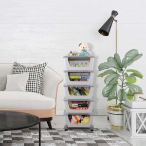 Tstorage 5-tier Stacking Storage Basket Tower with Wheels, Plastic Open Stacking Basket, Grey