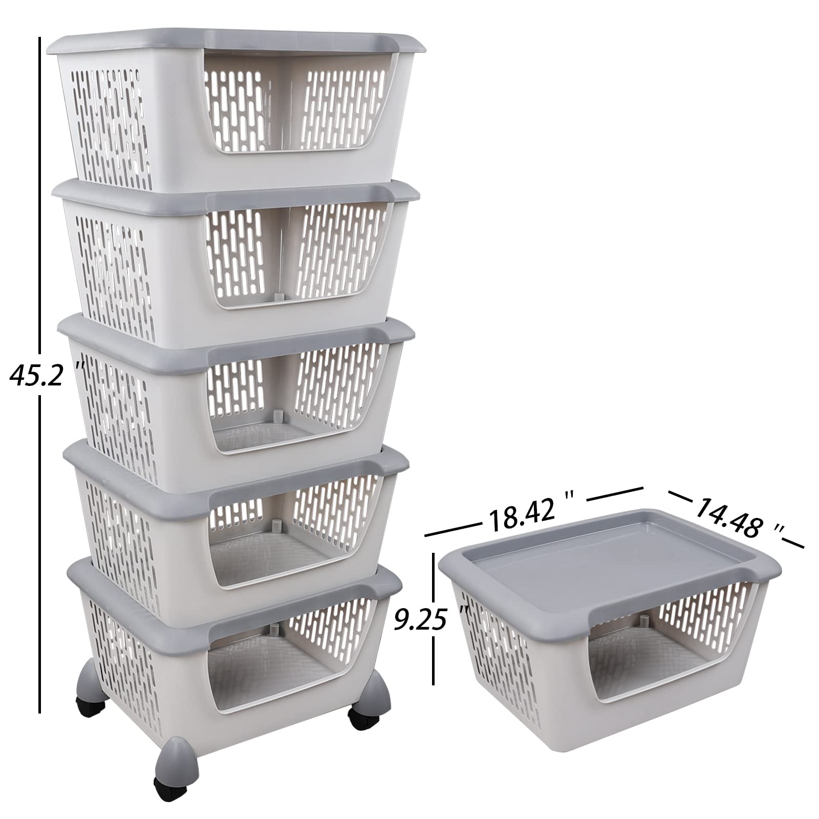 Tstorage 5-tier Stacking Storage Basket Tower with Wheels, Plastic Open Stacking Basket, Grey