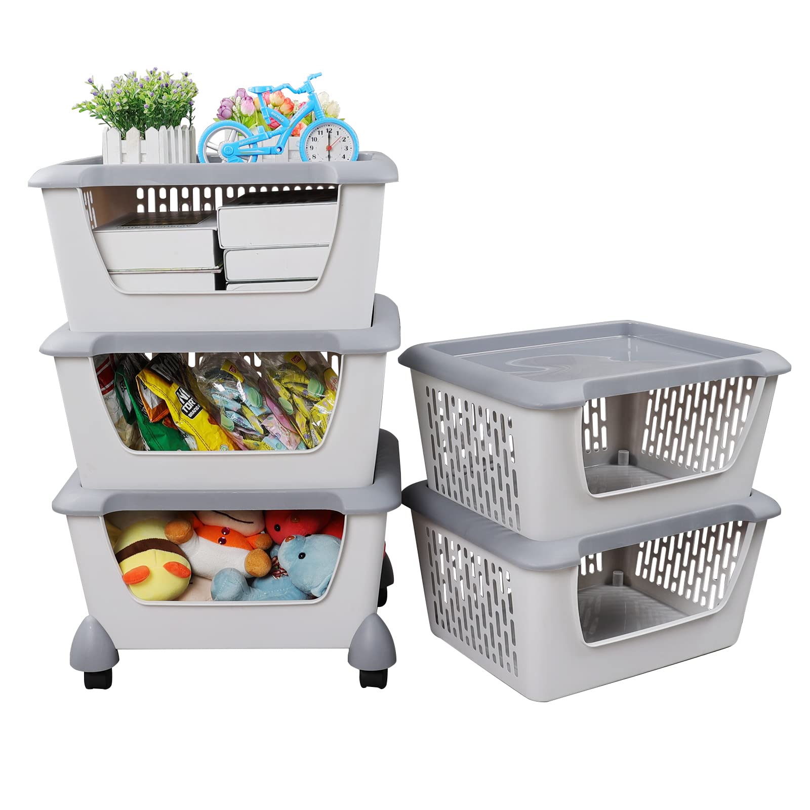 Tstorage 5-tier Stacking Storage Basket Tower with Wheels, Plastic Open Stacking Basket, Grey