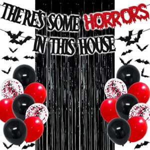 35 pcs there's some horrors in this house party decorations halloween banner bats wall decor black foil curtains backdrop latex balloons confetti balloon for kids boy girl horrible party decorations