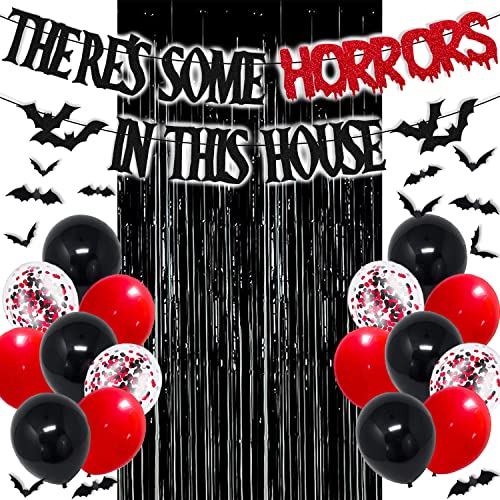 35 PCS There's Some Horrors In This House Party Decorations Halloween Banner Bats Wall Decor Black Foil Curtains Backdrop Latex Balloons Confetti Balloon for Kids Boy Girl Horrible Party Decorations