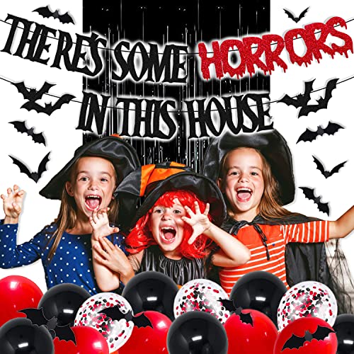 35 PCS There's Some Horrors In This House Party Decorations Halloween Banner Bats Wall Decor Black Foil Curtains Backdrop Latex Balloons Confetti Balloon for Kids Boy Girl Horrible Party Decorations