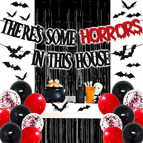 35 PCS There's Some Horrors In This House Party Decorations Halloween Banner Bats Wall Decor Black Foil Curtains Backdrop Latex Balloons Confetti Balloon for Kids Boy Girl Horrible Party Decorations