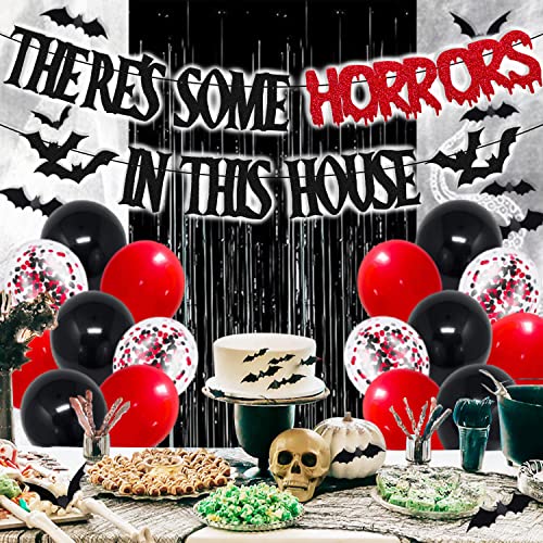 35 PCS There's Some Horrors In This House Party Decorations Halloween Banner Bats Wall Decor Black Foil Curtains Backdrop Latex Balloons Confetti Balloon for Kids Boy Girl Horrible Party Decorations