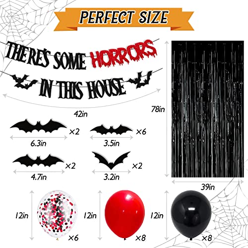 35 PCS There's Some Horrors In This House Party Decorations Halloween Banner Bats Wall Decor Black Foil Curtains Backdrop Latex Balloons Confetti Balloon for Kids Boy Girl Horrible Party Decorations
