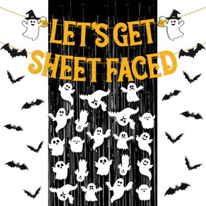 36 pcs halloween party decorations lets get sheet faced banner black foil curtains backdrop bat ghost wall decor halloween haunted house witches theme for kids boy girl halloween party supplies