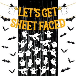 36 PCS Halloween Party Decorations Lets Get Sheet Faced Banner Black Foil Curtains Backdrop Bat Ghost Wall Decor Halloween Haunted House Witches Theme for Kids Boy Girl Halloween Party Supplies