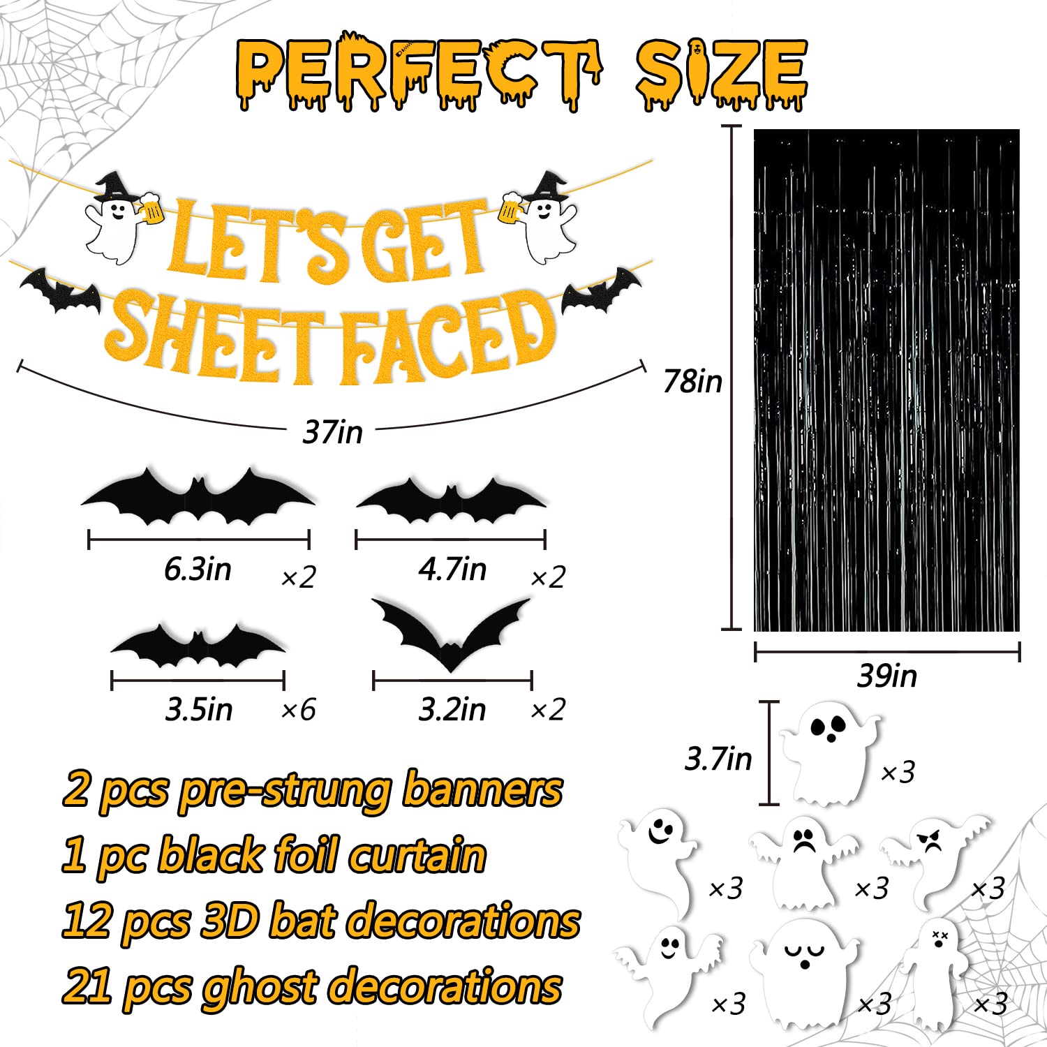 36 PCS Halloween Party Decorations Lets Get Sheet Faced Banner Black Foil Curtains Backdrop Bat Ghost Wall Decor Halloween Haunted House Witches Theme for Kids Boy Girl Halloween Party Supplies