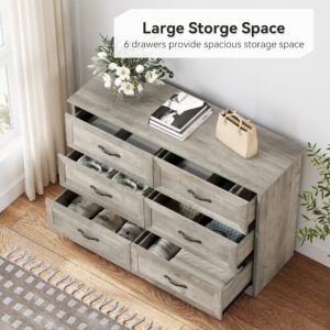 IDEALHOUSE Dresser for Bedroom with 6 Drawers, Wood Drawer Dresser Chest of Drawers for Closet, Living Room, Hallway, Nursery, Kids Bedroom, Grey