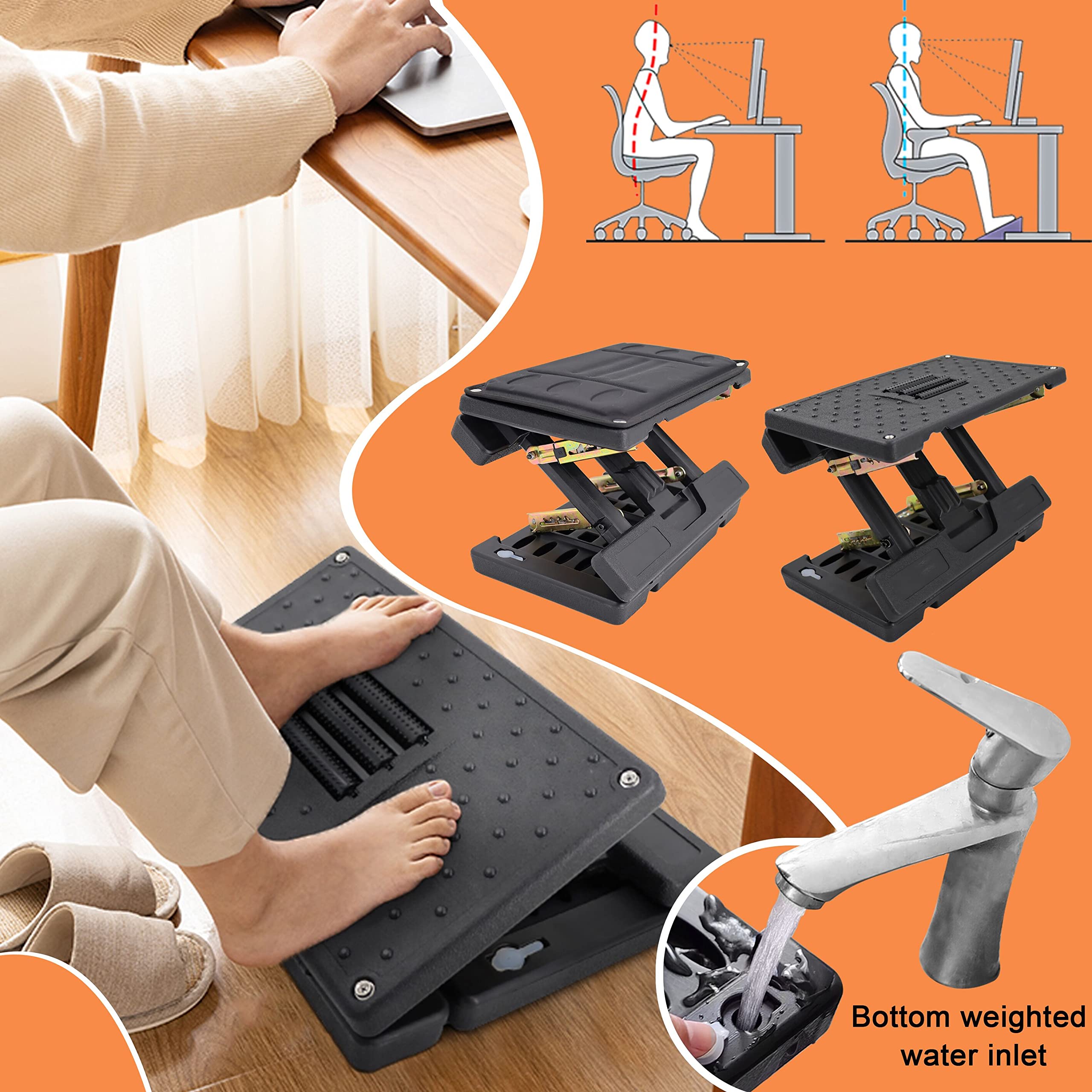 Adjustable Foot Rest Under Desk, Leg Rest with Massage Surface Roller,Foot Stool Ergonomic Adjustment ，Bottom Can Be Filled with Water (Black)