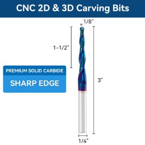 CNC Router Bits Spiral Tapered Ball-Mill 2D & 3D Carving Bits, 2.4 Deg Tapered Angle Ball Tip R1.5, 1/4"Shank 3"OVL for Wood Carving Engraving