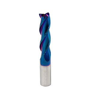 spiral cnc router bits 1/2 inch shank square end mill extra long (4 inch total length) 3 fluter up cut solid carbide milling tool with nano blue coating for wood mortises carving
